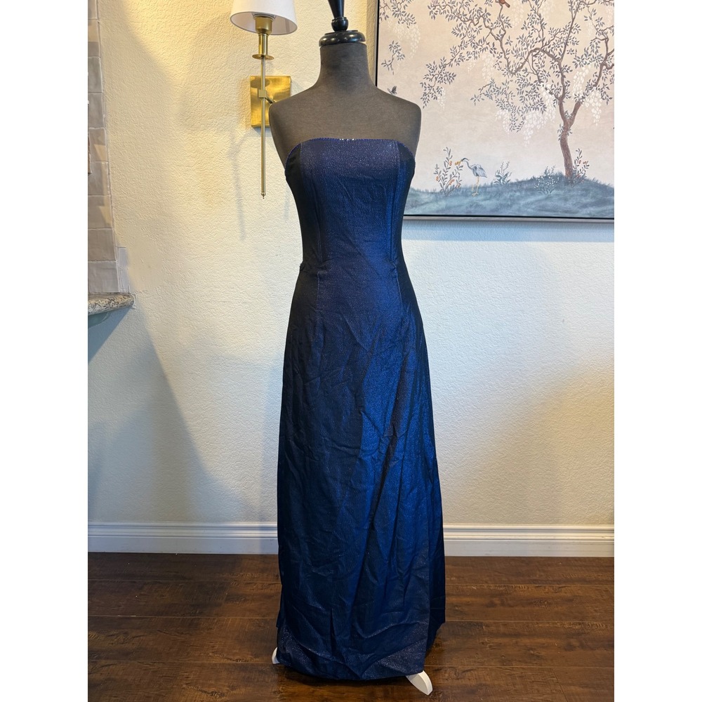 Jessica McClintock Gunne Sax Vintage Metallic Blue Strapless Formal Gown FLAW